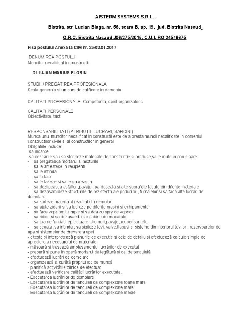 Muncitor Necalificat Constructii Fisa Post Muncitor Necalificat in Constructii DRAGESCU | PDF