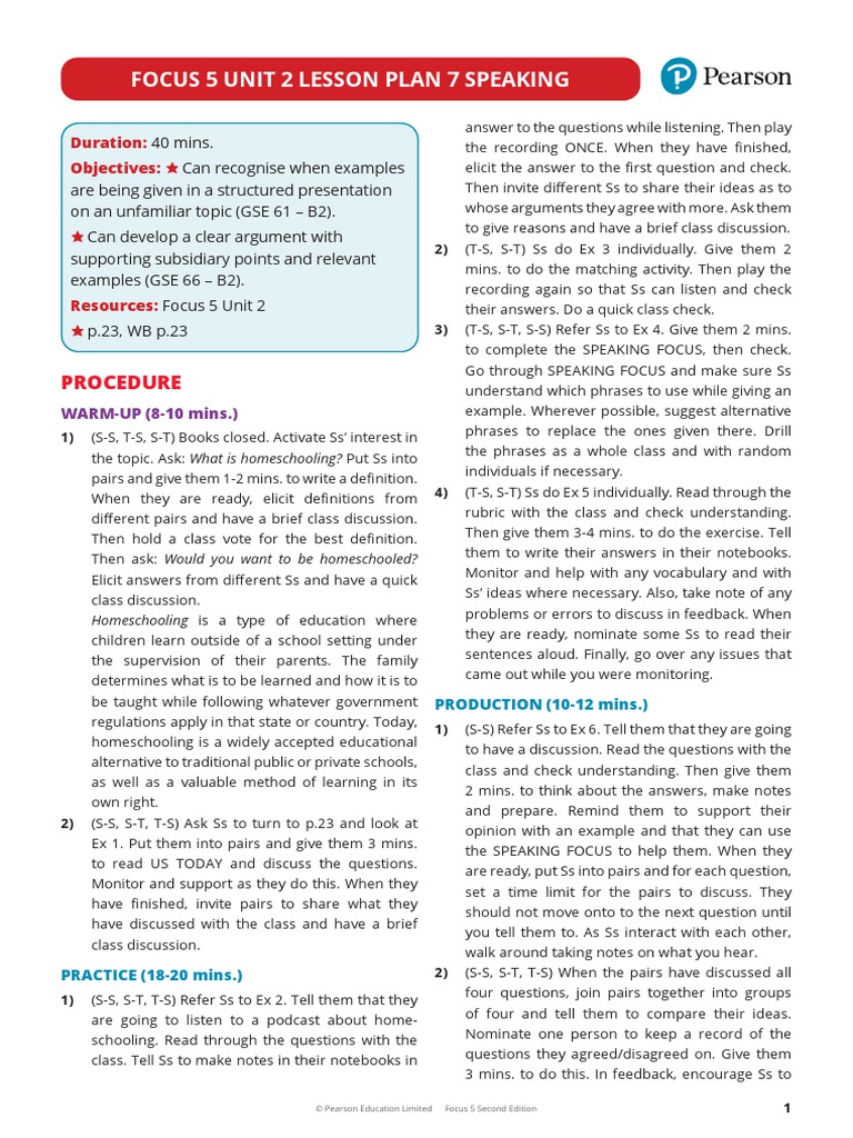 Focus 5 Unit 2 Lesson Plan 7 Speaking: Procedure | PDF | Homeschooling ...