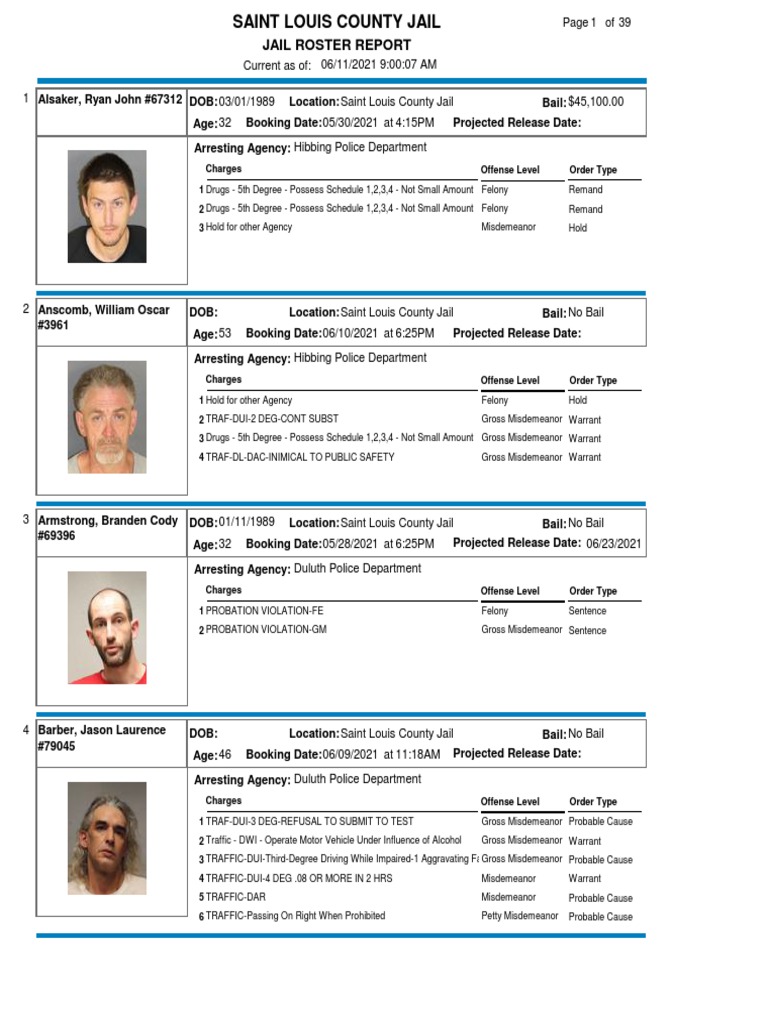 Jail Roster Report: Charges 1 2 3 Offense Level Order Type | PDF | Felony |  Bail