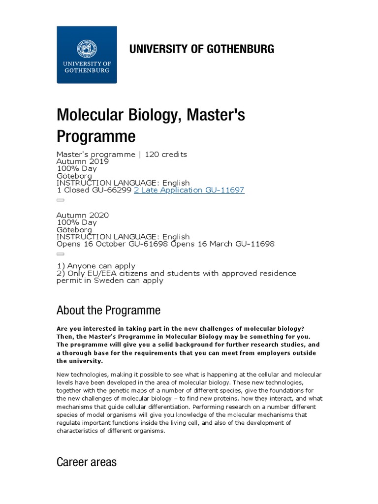 Molecular Biology Master S Programme University Of Gothenburg Pdf