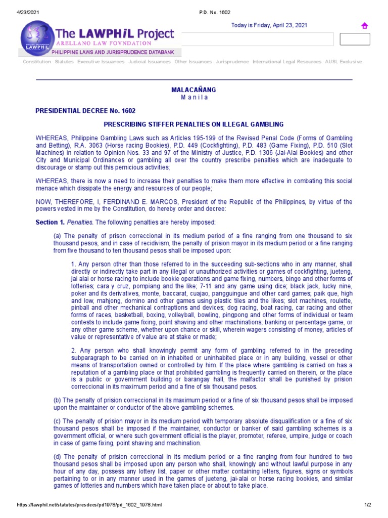 P.D. No. 1602 Providing Stiffer Penalties For Illegal Gambling | PDF |  Gambling | Security Guard