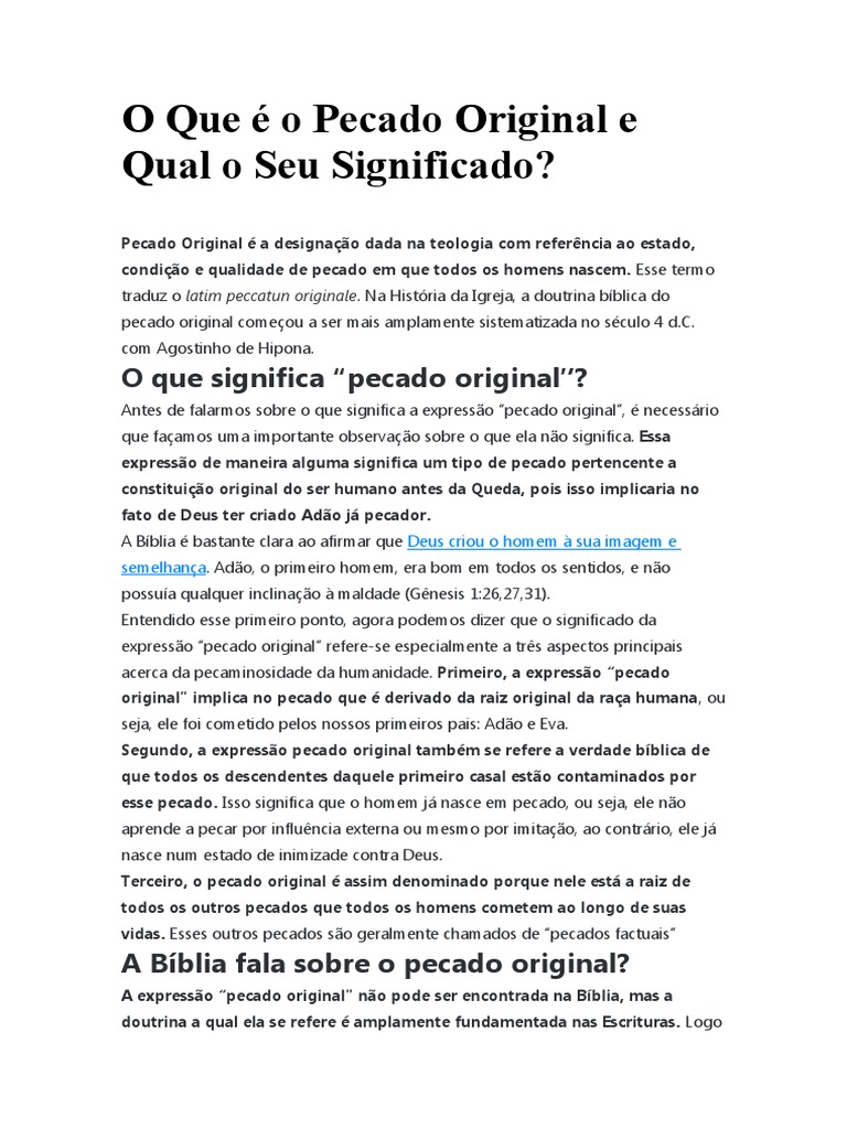 O Que É o Pecado Original e Qual o Seu Significado PDF Pecado Original Pecado