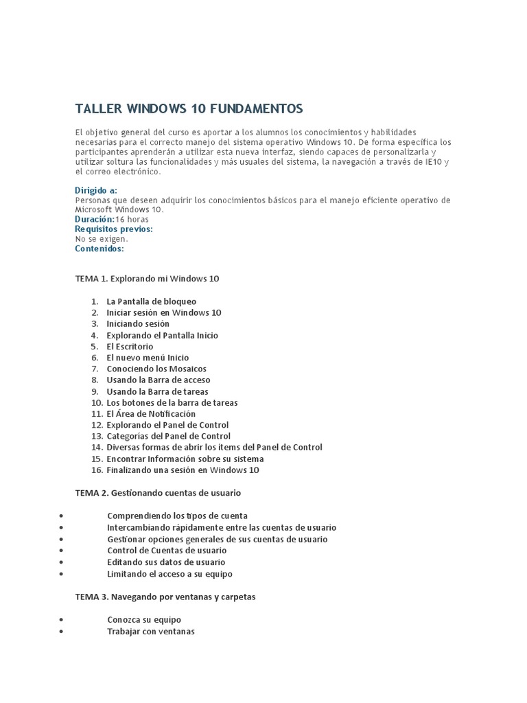 Taller de Fundamentos de Windows 10 | PDF | Windows 10 | Microsoft Windows