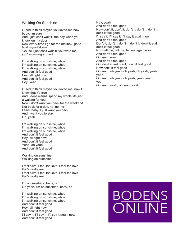 Walking On Sunshine Lyrics | PDF