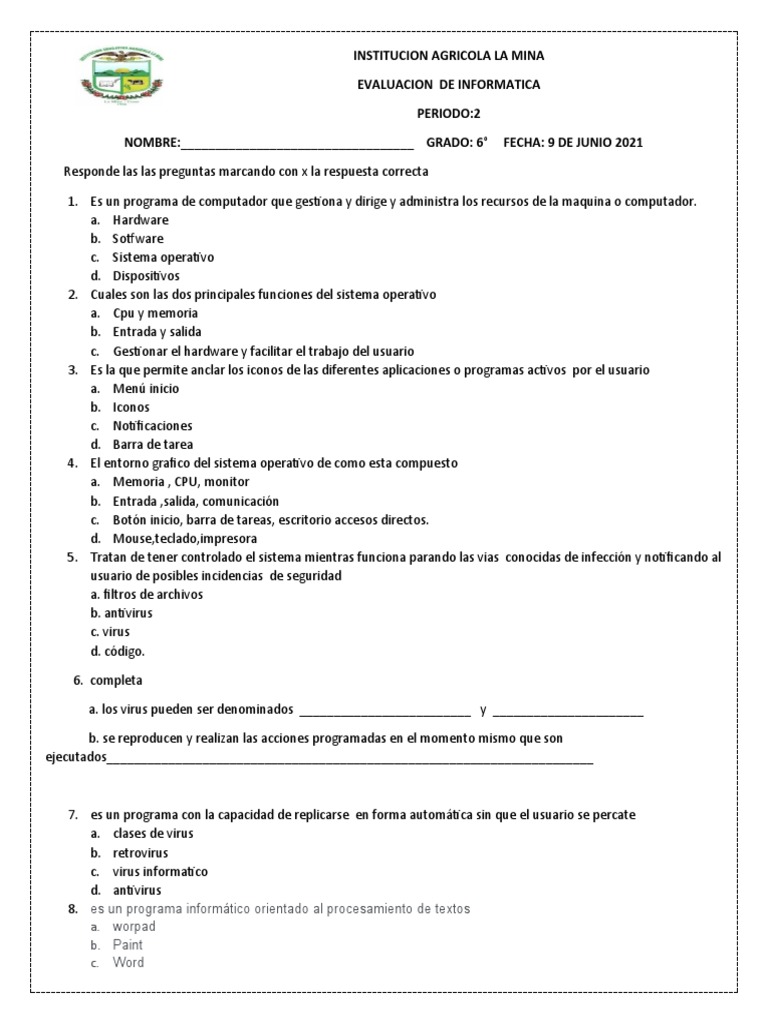 Evaluacion Segundo Periodo Informatica Grado 6° | PDF
