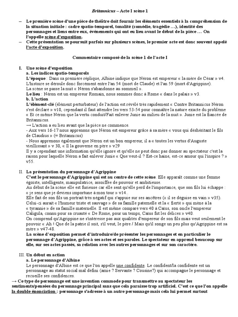 Commentaire Britannicus Acte 2 Scène 2 LA 1 La Scène d&#039 Exposition Acte I Scène 1 | PDF | Néron | Claudius