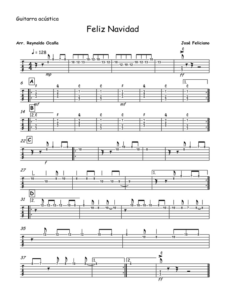 Feliz Navidad - Guitarra Acústica Tablatura | PDF | Christmas Songs ...