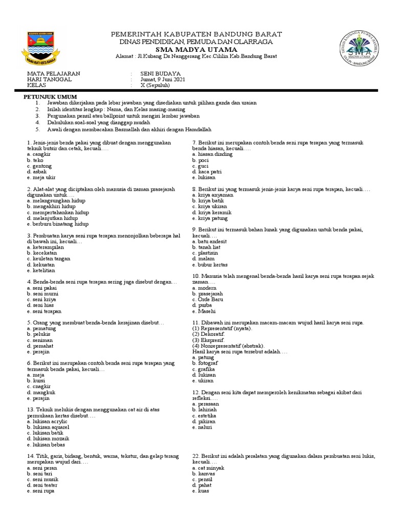 Seni Budaya Pat Kelas X 2021 Pdf