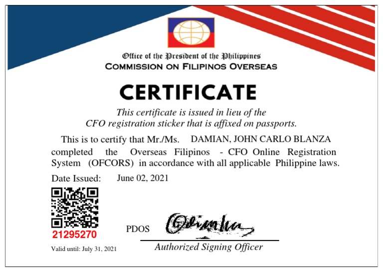CFO PDOS Certificate Validity Notice | PDF