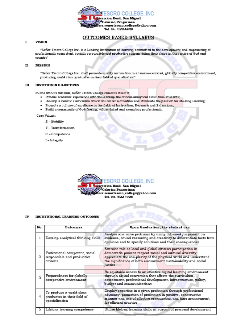 Señor Tesoro College syllabus outlines food selection program | PDF ...