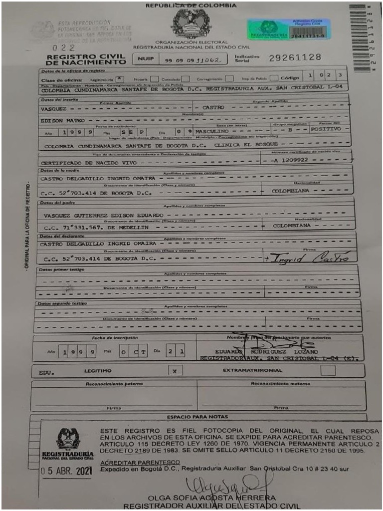 Registro Civil de Nacimiento PDF