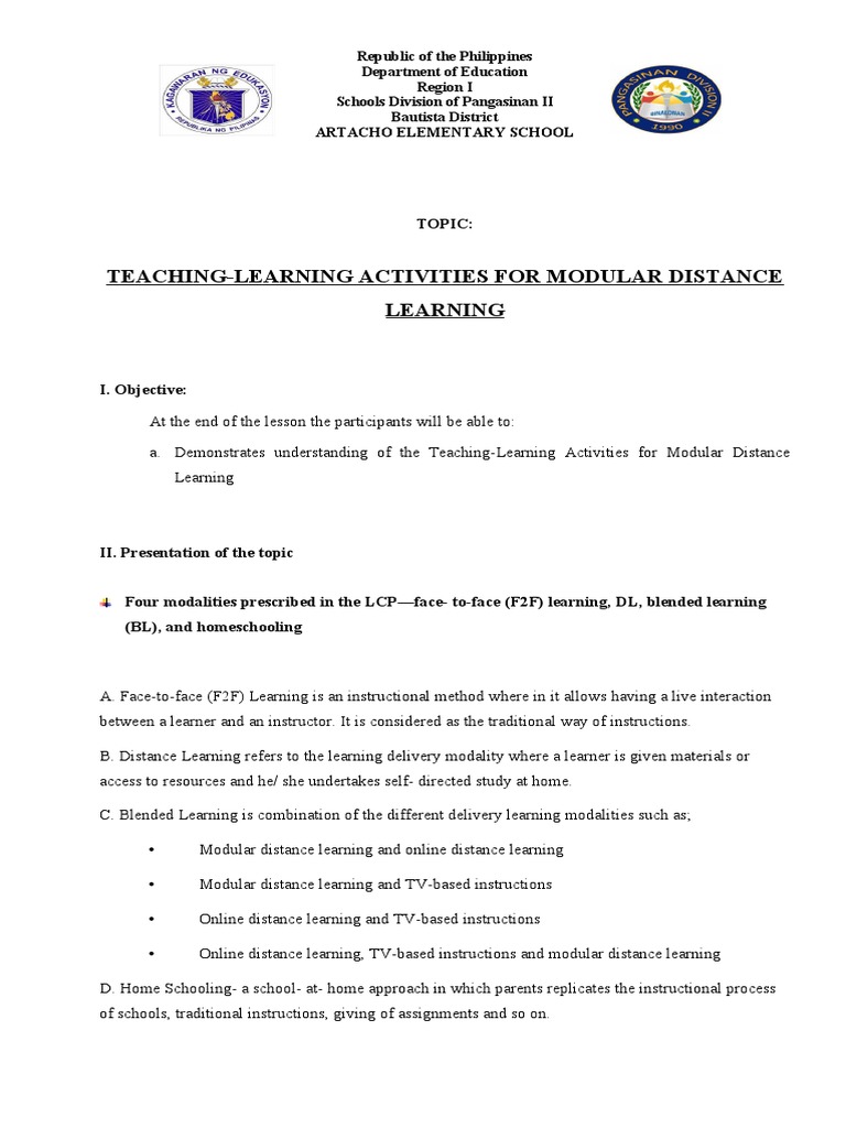 Teaching Learning Activities For Modular Distance Learning Topic Pdf