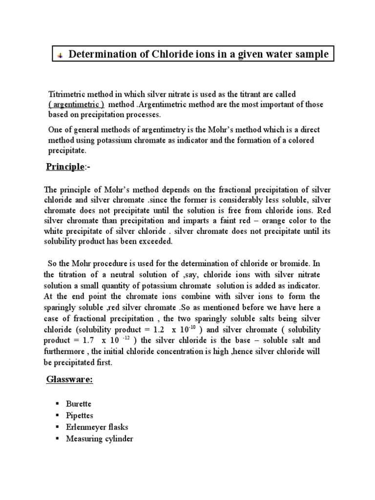 Chloride Determination by Mohr's Method | PDF | Titration | Chemistry