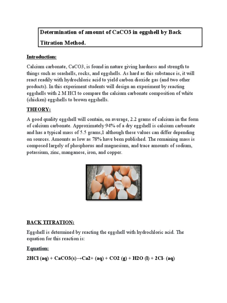 Determination of Amount of CaCO3 in Eggshell by Back Titration Method