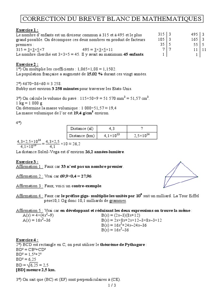 Sujet Et Corrigé Brevet Blanc Français 2020 Brevet Blanc Math College Jean Monnet Fevrier 2020 Corrige | PDF |  Géométrie | Enseignement des mathématiques