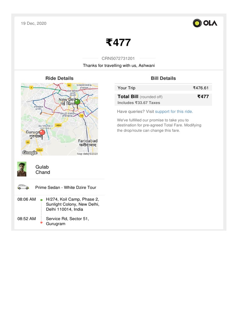 Ride Details Bill Details Thanks For Travelling With Us Ashwani
