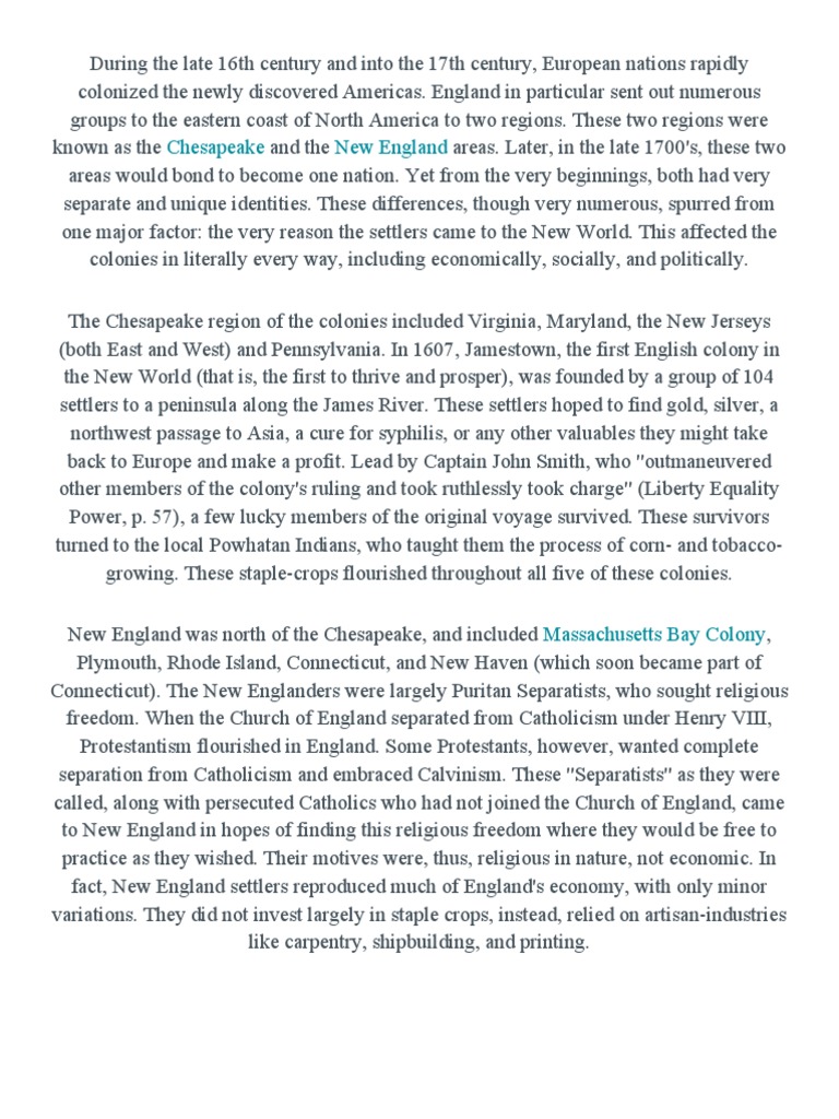 The Chesapeake and New England Colonies - A Comparison | PDF | Thirteen ...
