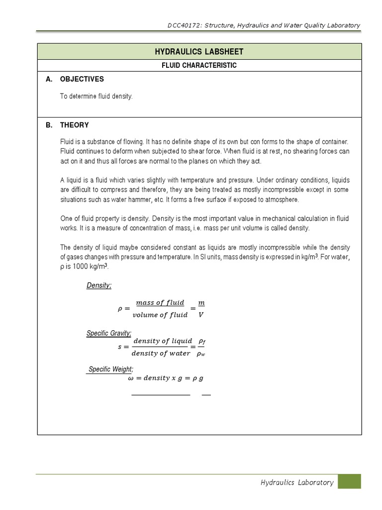 Hydraulics Lab: Fluid Density Analysis | PDF | Density | Liquids