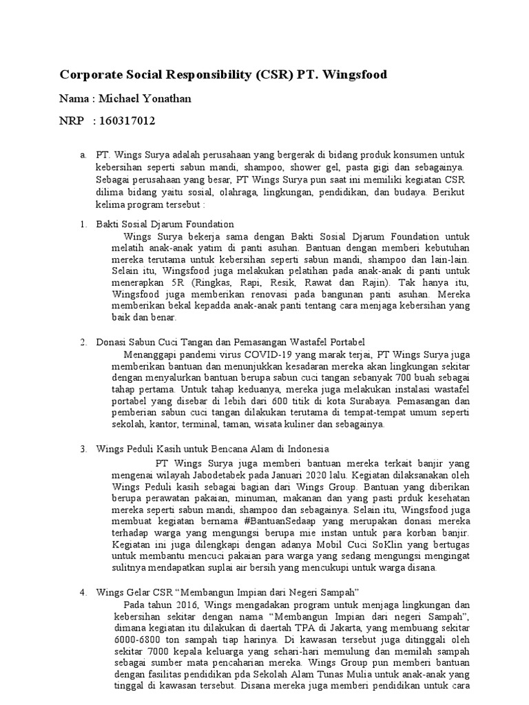 CSR PT Wings Surya: Dampak Sosial dan Lingkungan | PDF