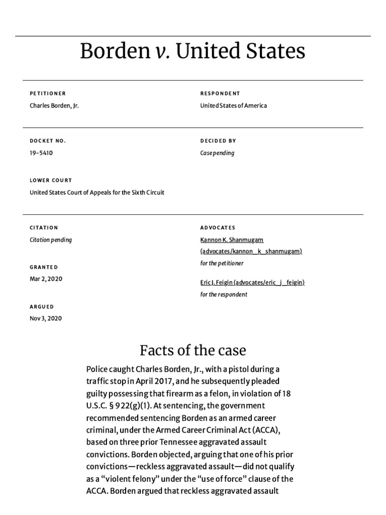 Borden v. United States Oyez PDF Assault Armed Career Criminal Act