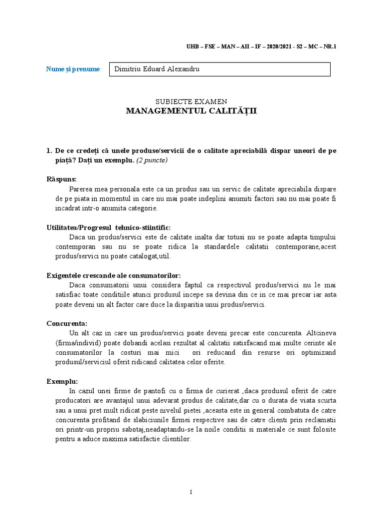 Managementul Calitatii | PDF