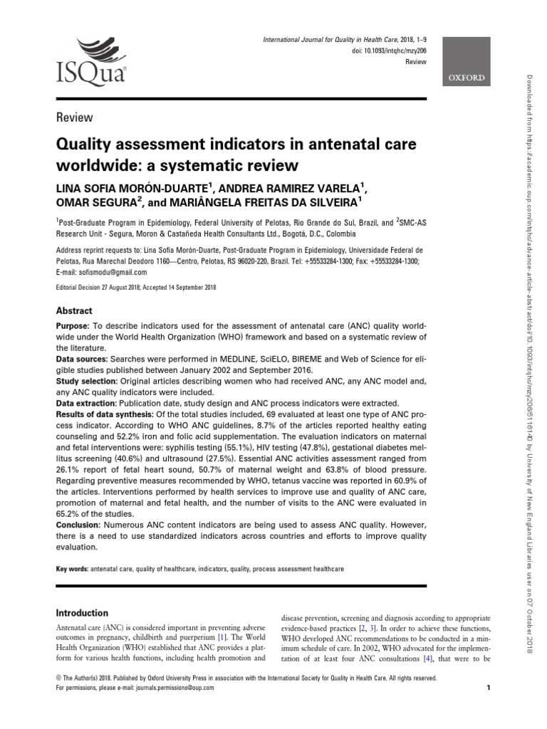 Quality Assessment Indicators in Antenatal Care Worldwide A Systematic
