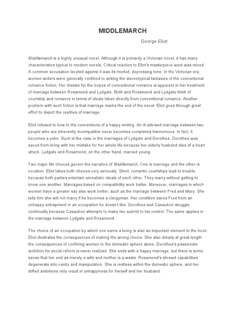 Middlemarch Middlemarch Is A Highly Unusual Novel. Although It Is