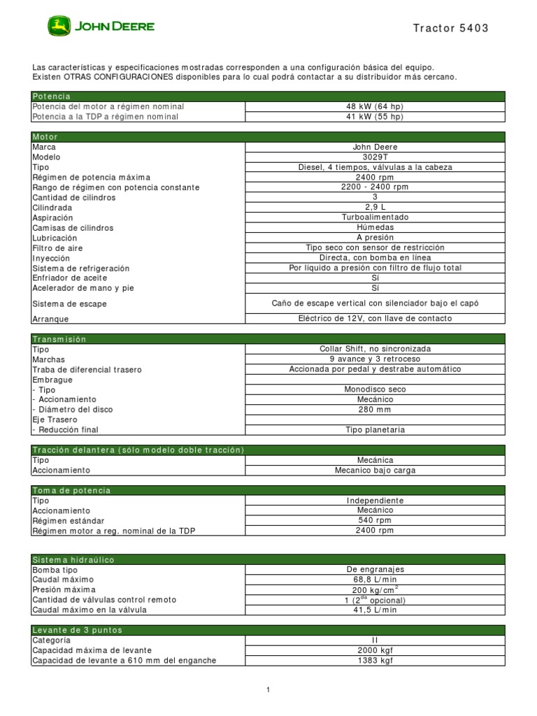 Ficha Técnica del Tractor John Deere 5403 | PDF | Turbocompresor ...