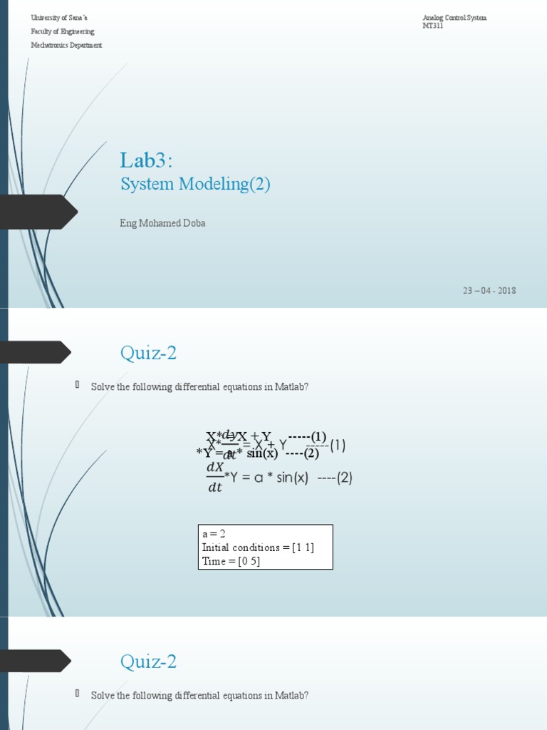 Lab3 - System Modeling 2-23-04-2018 | PDF | Equations | Ordinary ...