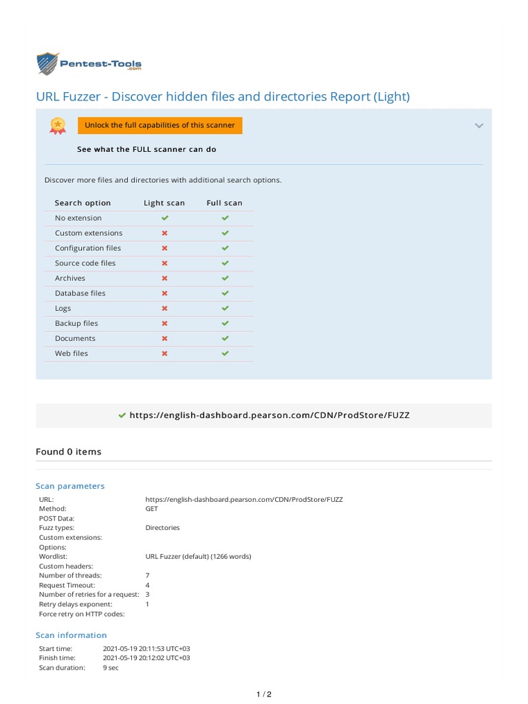 URL Fuzzer Discover Hidden Files and Directories Report (Light) PDF