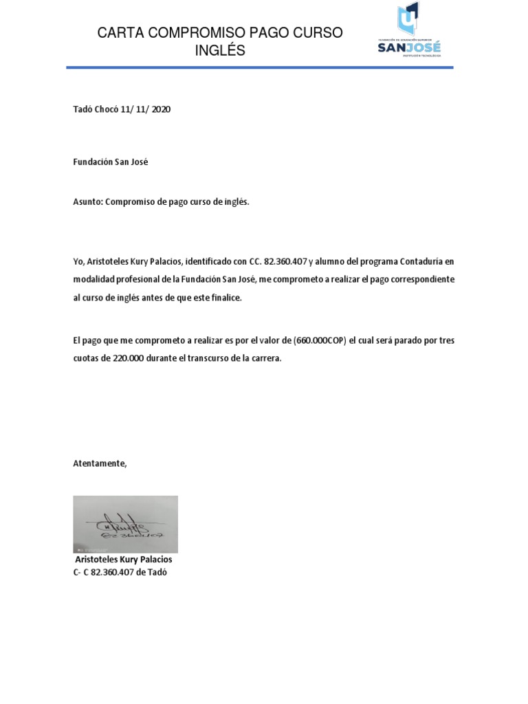Carta Compromiso Pago Inglés Jhon K PDF
