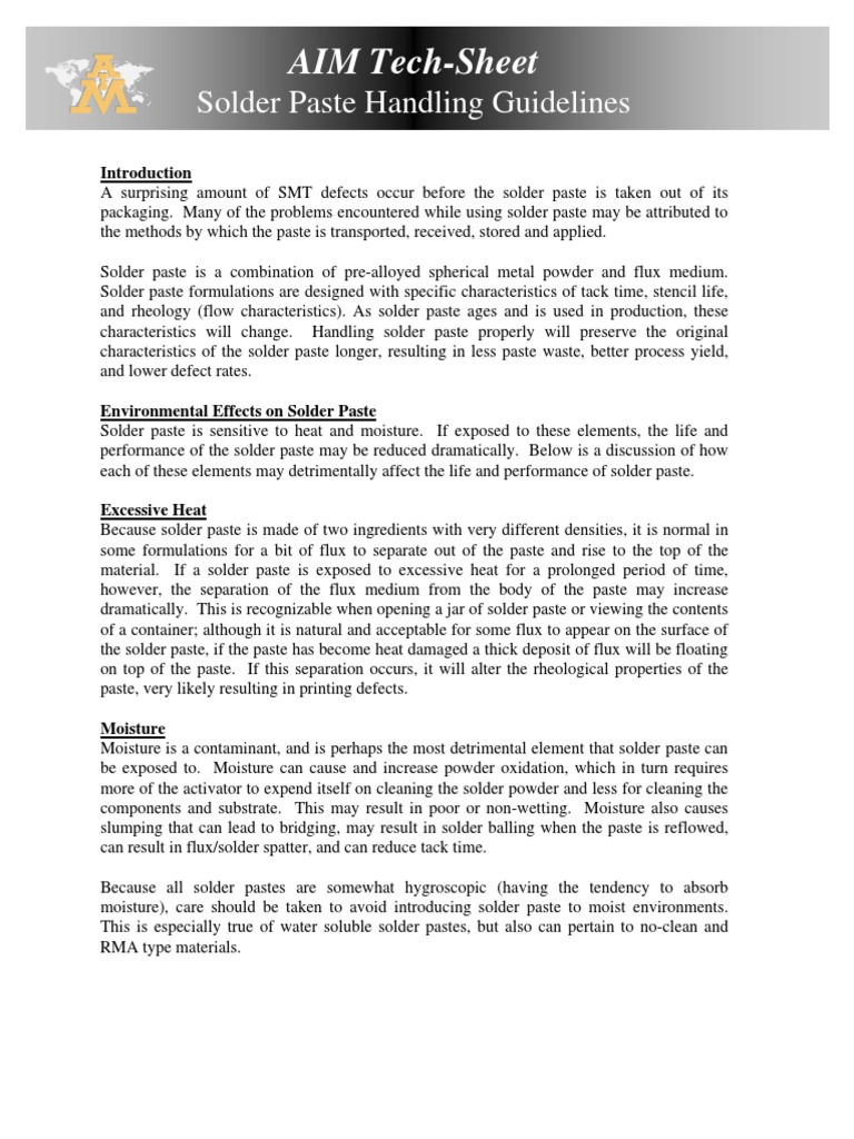 AIM TechSheet Solder Paste Handling Guidelines PDF Solder Soldering