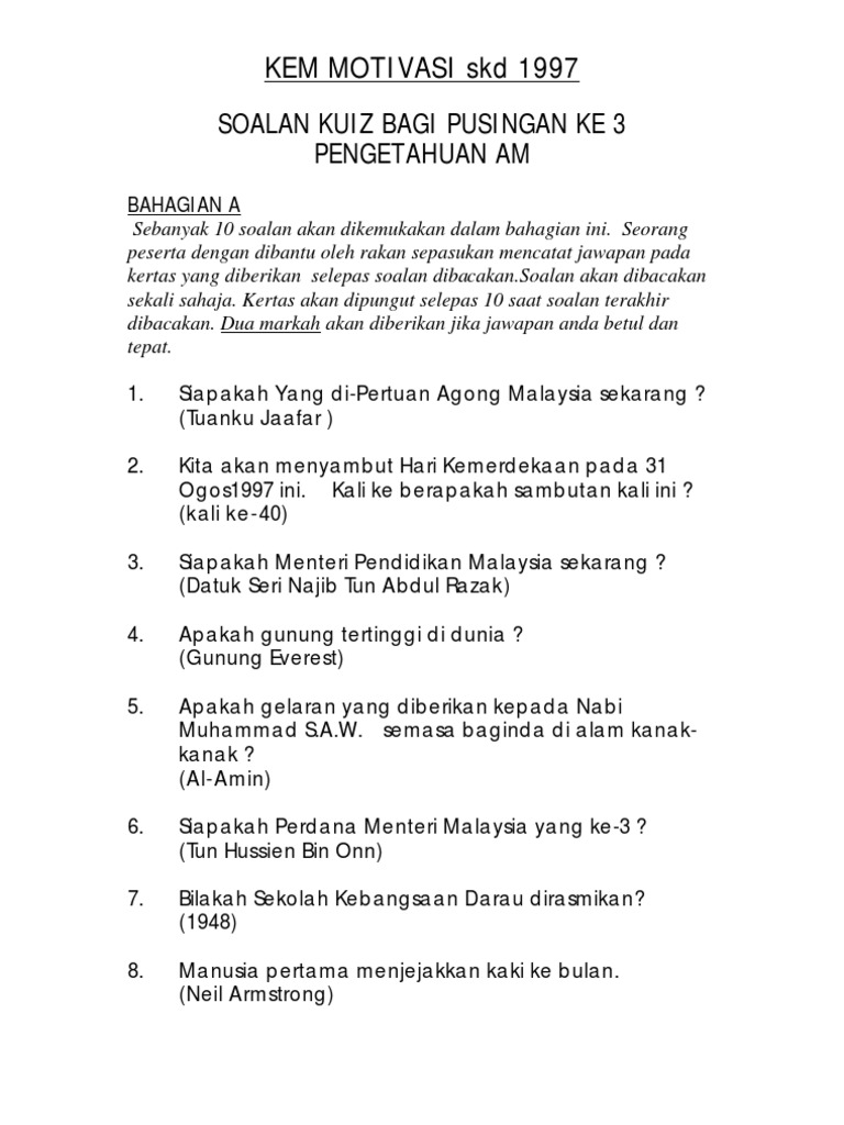 Contoh Soalan Kuiz Pengetahuan Am Sekolah Menengah 