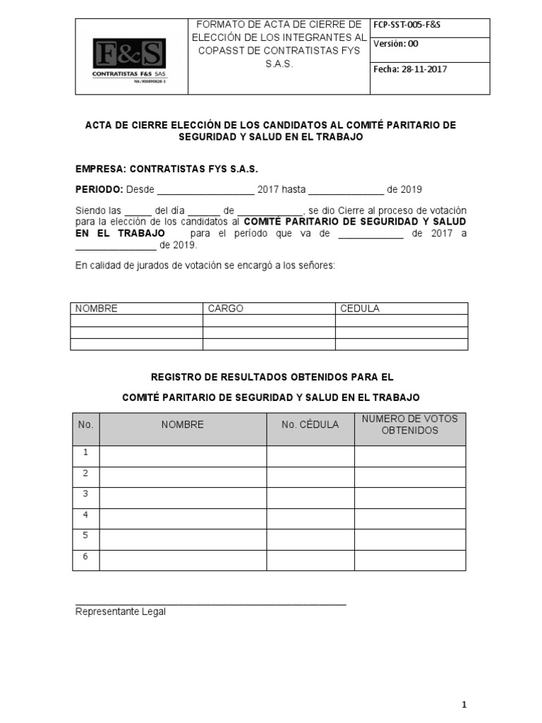 Acta de Cierre Elección COPASST 2017-2019 | PDF