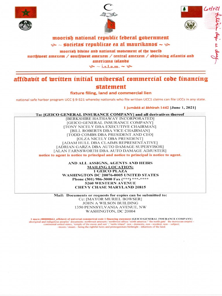 Affidavit Of Written Initial Universal Commercial Code Financing Statement Lien Geico General Insurance Company