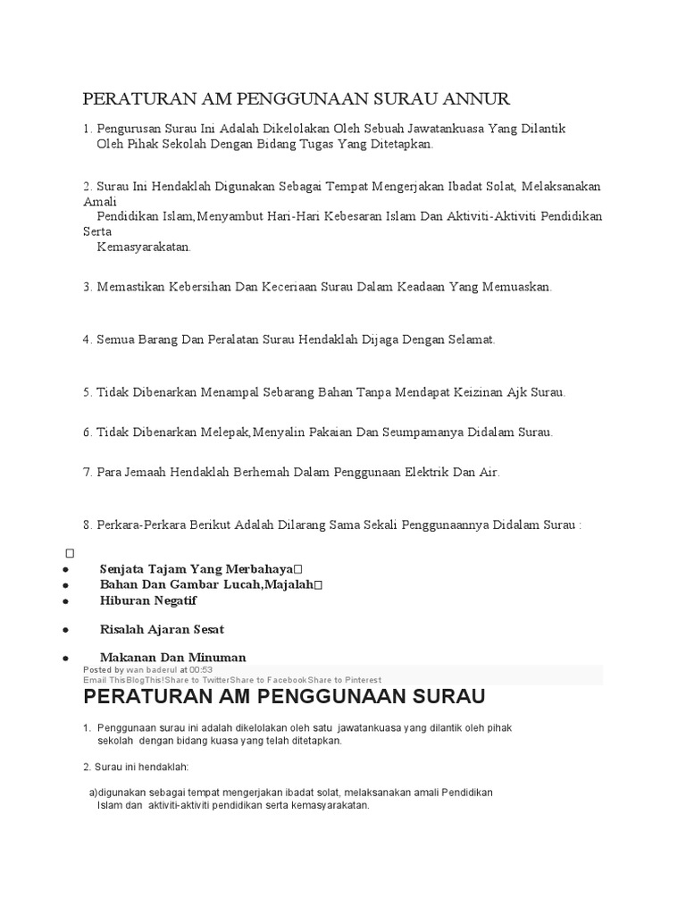 Peraturan Penggunaan Surau Annur | PDF