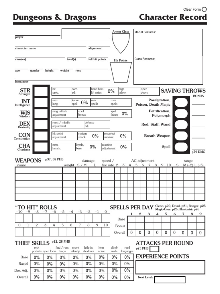 Dungeons & Dragons Character Record STR INT WIS DEX CON CHA Saving Throws PDF Wizards Of