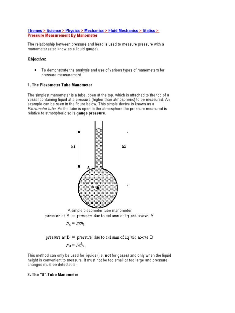 Measuring Pressure Using Various Types of Manometers A Comparison of the Piezometer Tube, U