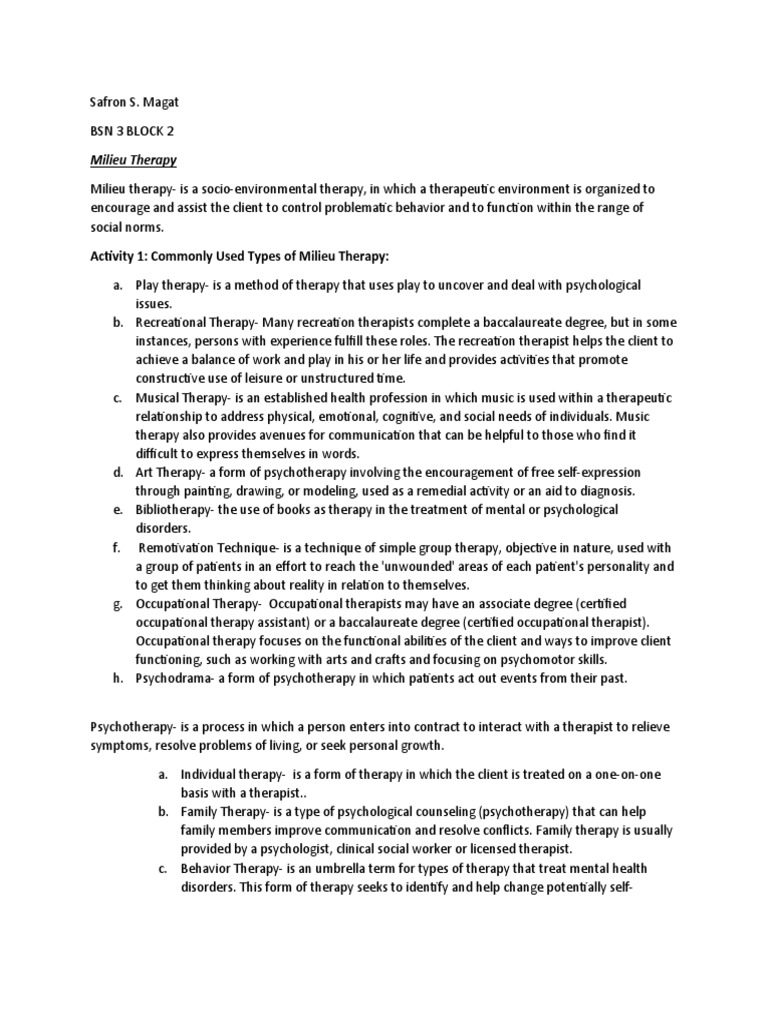 Activity 1: Commonly Used Types of Milieu Therapy | PDF | Behaviour