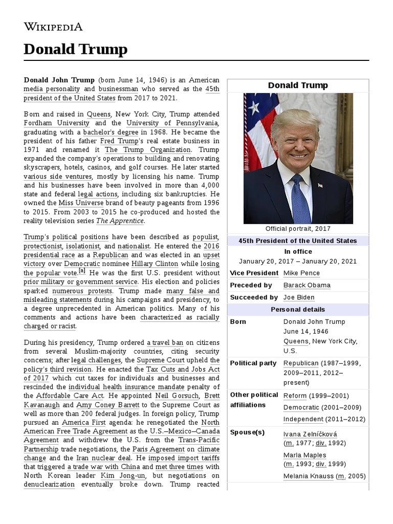 Donald Trump - Wikipedia | PDF | Donald Trump | American Government