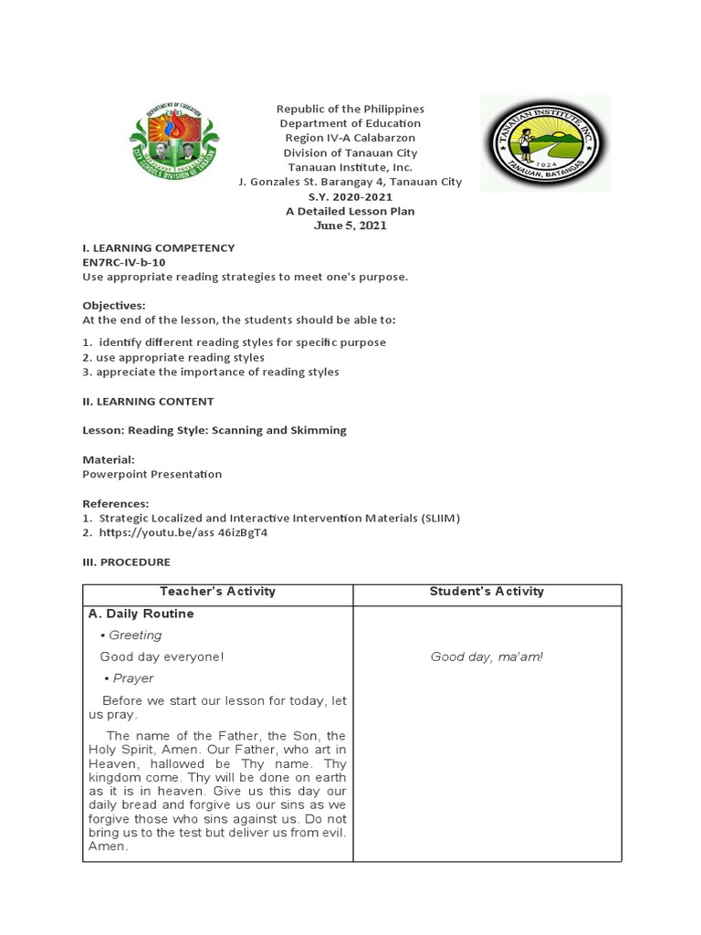 BSE3A Scanning and Skimming Lesson Plan PDF Speed Reading Question