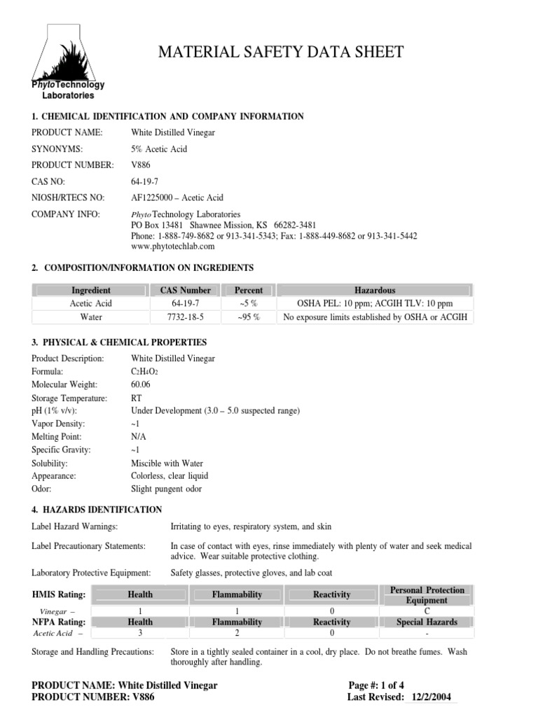 White Distilled Vinegar Safety Data Sheet | PDF | Personal Protective ...