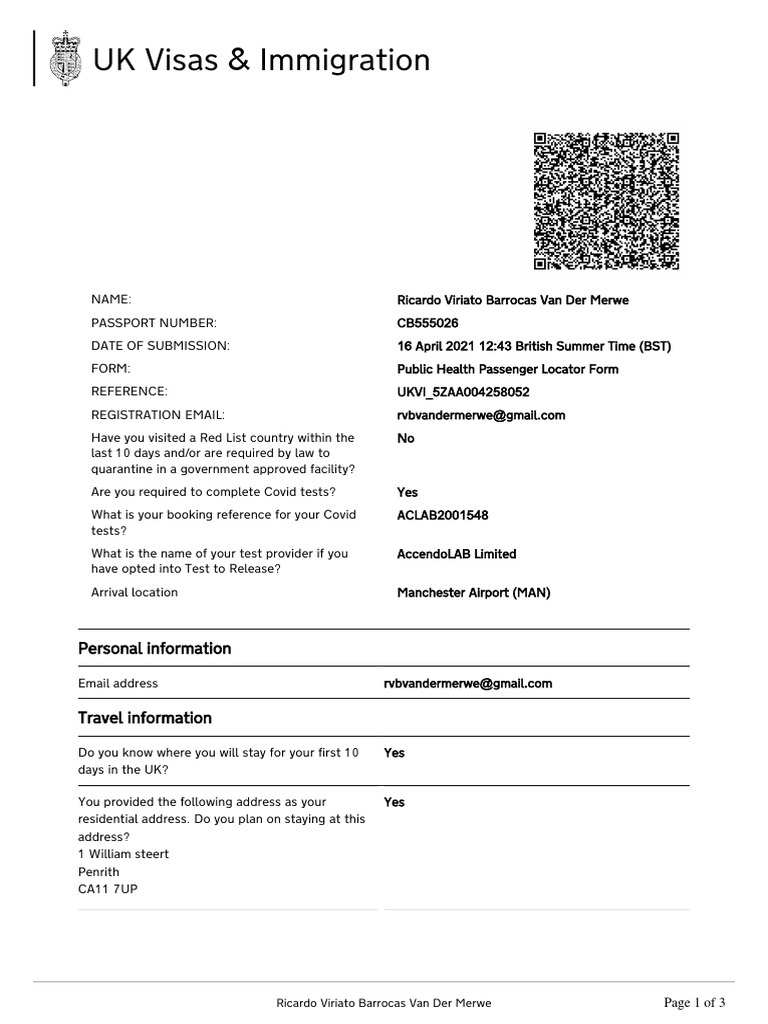 Passenger Locator Form Travelling From Spain To Scotland - New Form