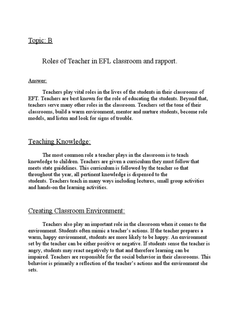 Teacher Roles in EFL Classrooms | PDF | Mentorship | Teachers