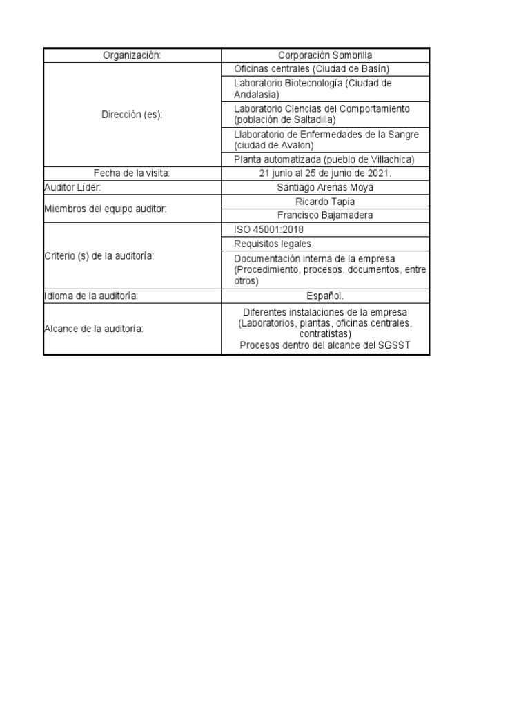 Plan de Auditoria ISO 45001.2018 | PDF | Auditoría | Planificación