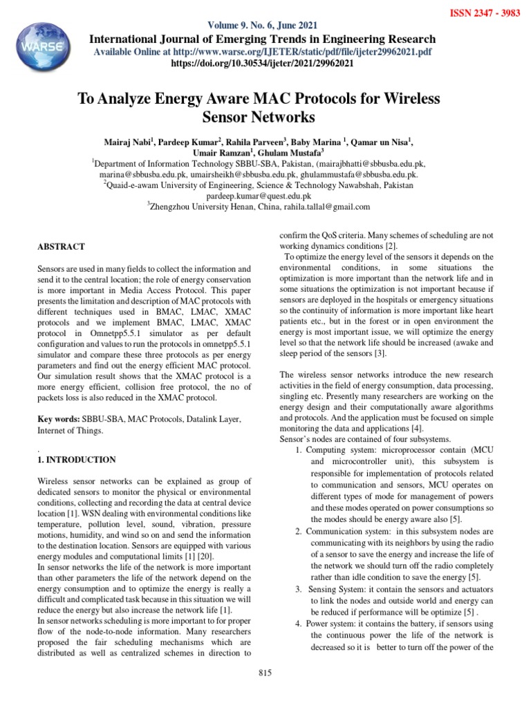 Energy Efficient MAC Protocols Analysis | PDF | Wireless Sensor Network ...