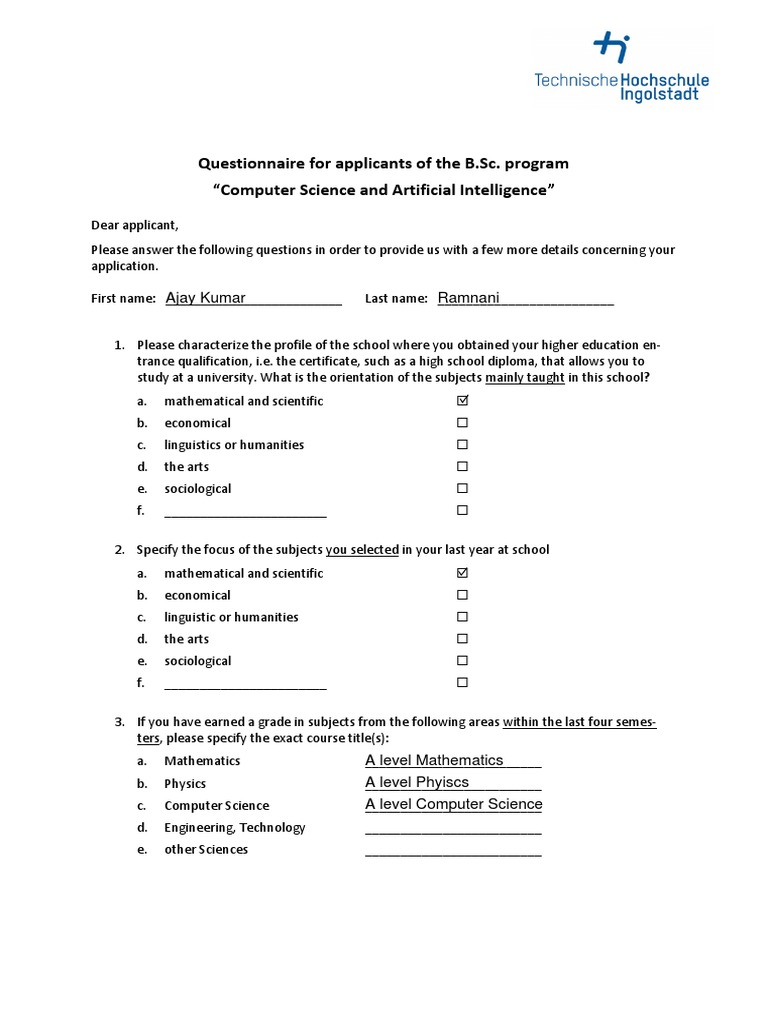 Questionnaire For Applicants of The B.Sc. Program 