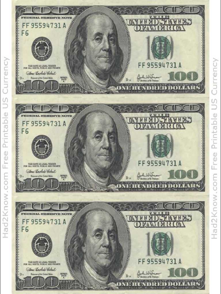 100 Dollar Bill Printable Free