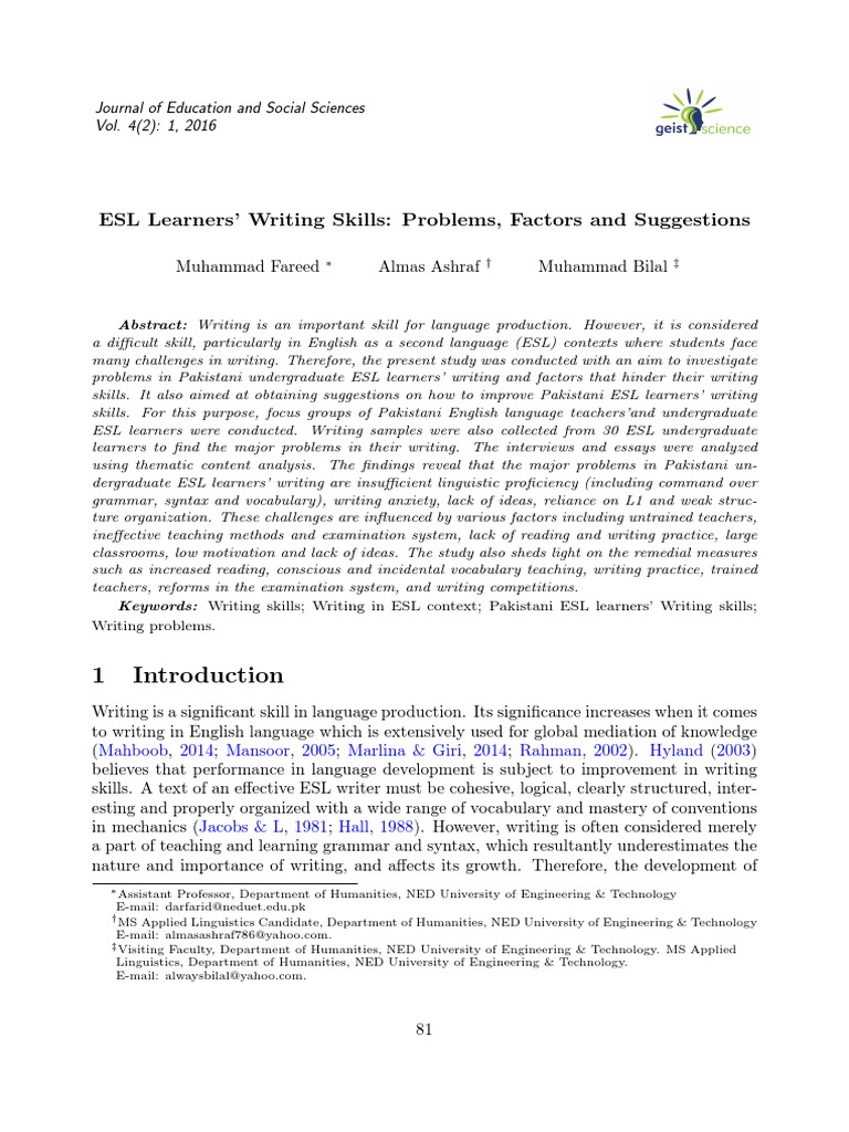 ESL Writing Challenges and Solutions | PDF | English As A Second Or ...