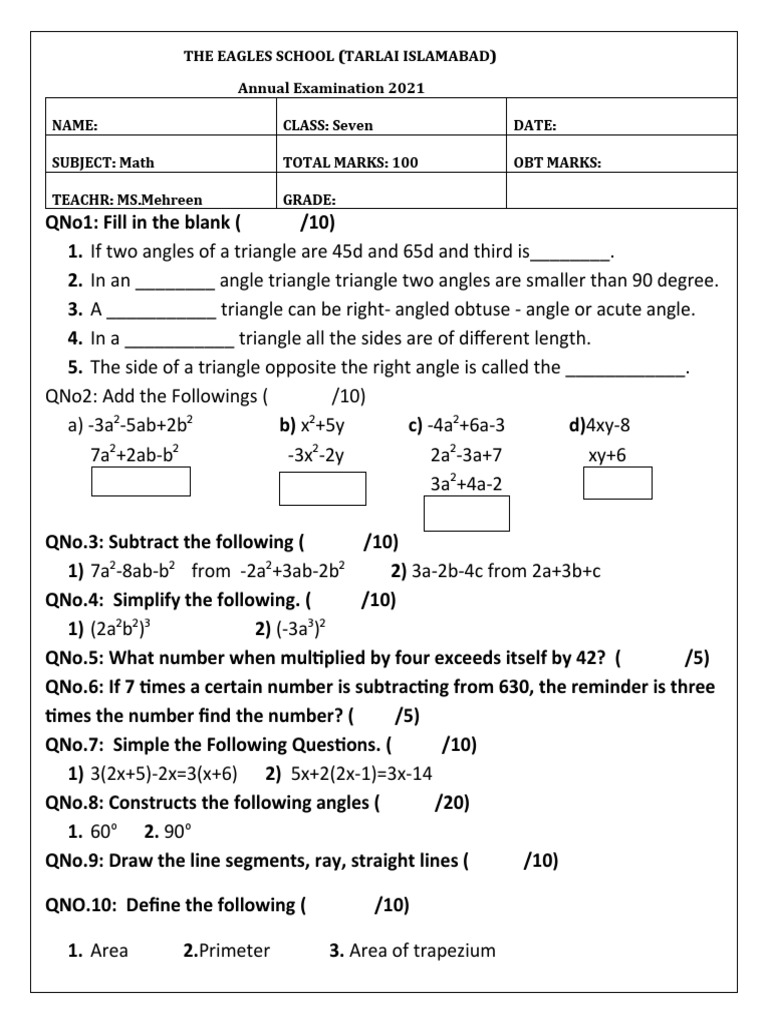 Class 7 Maths Exam Questions 2021 | PDF | Technology & Engineering